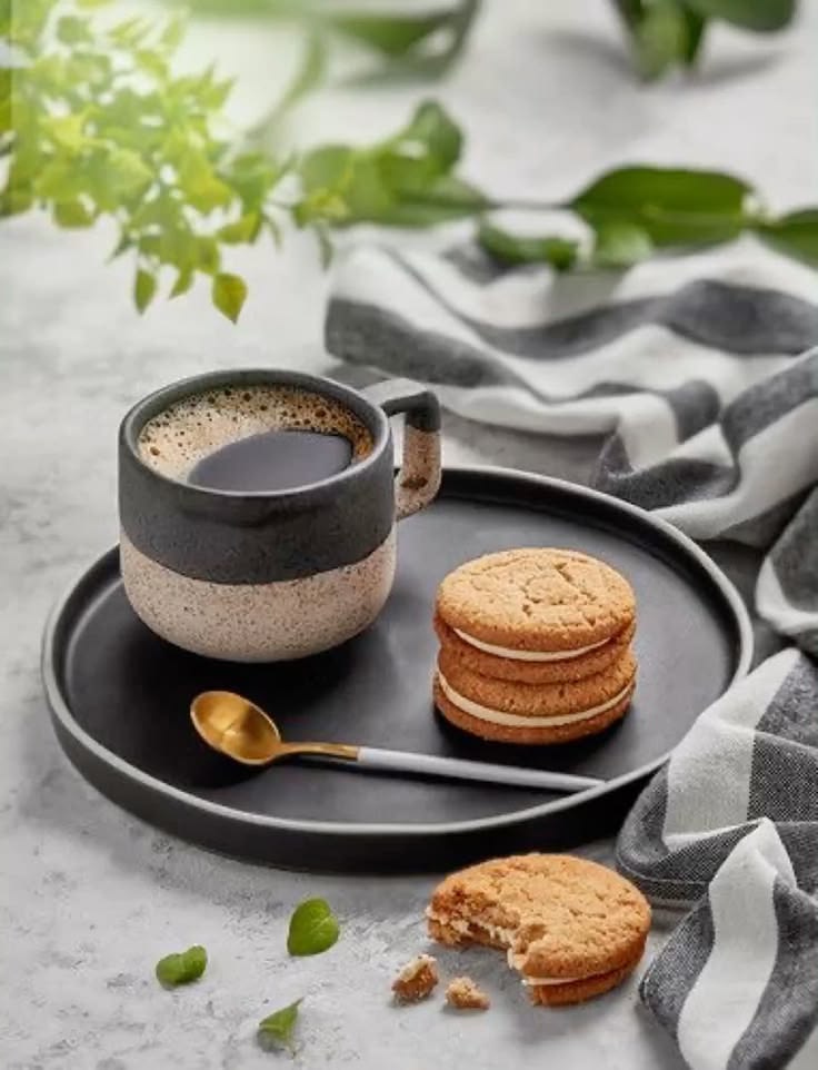 Two-tone ceramic mug with coffee on a dark plate beside biscuits