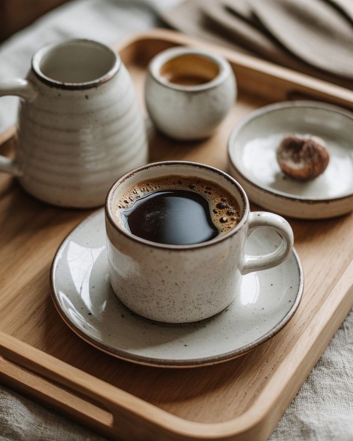 Speckled ceramic espresso cup and saucer with black coffee on a wooden tray