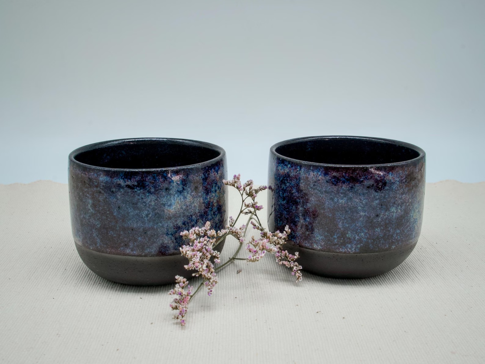 Two midnight-blue speckled ceramic cups beside dried flowers
