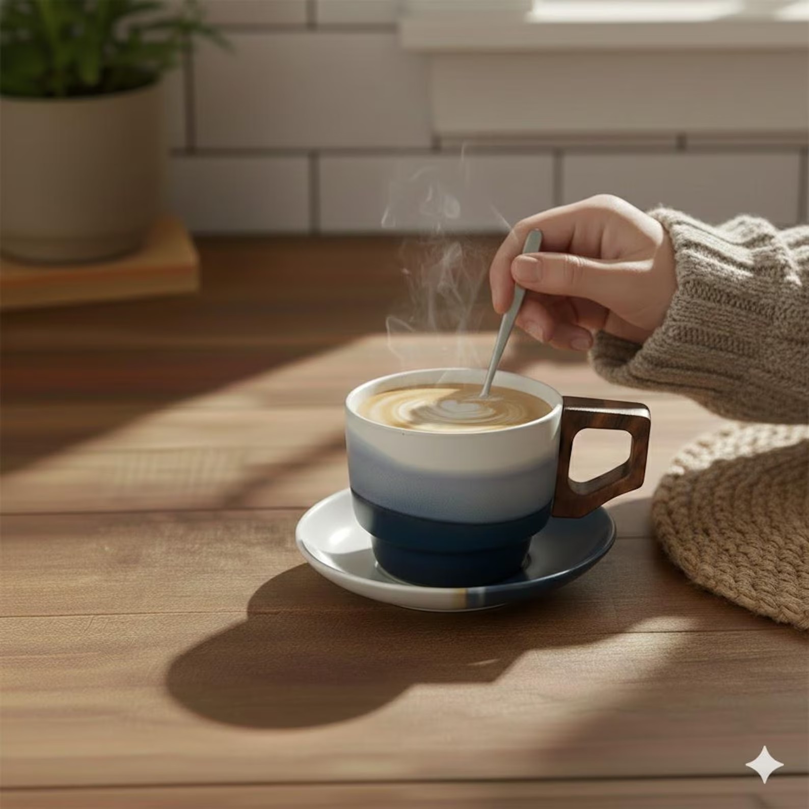Layered blue ceramic cup with a wooden handle and latte art